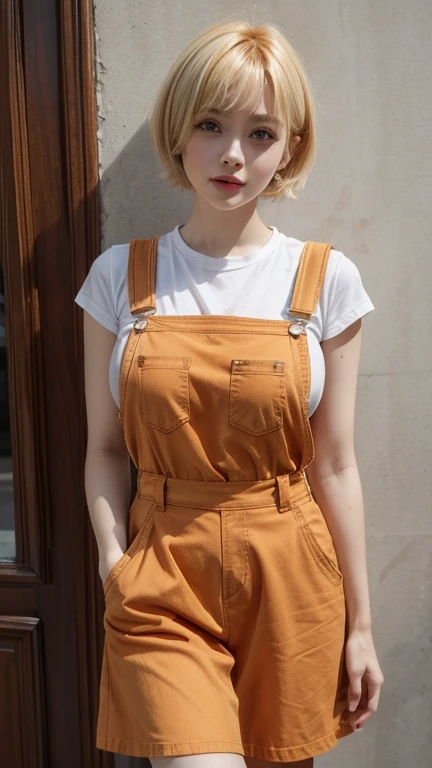 orange dungarees skirt , orange thin flower pattern , big breast , blonde hair , short hair