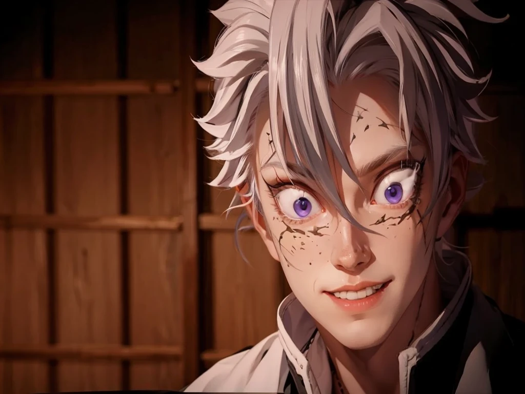 Psychotic smile, albino, pale, white hair, gray, (8k), realistic trait, (2d), 3d model, dark clothes, male, drown man, duel, Kor, pale violet eyes, light environment, moonlight light, night forest