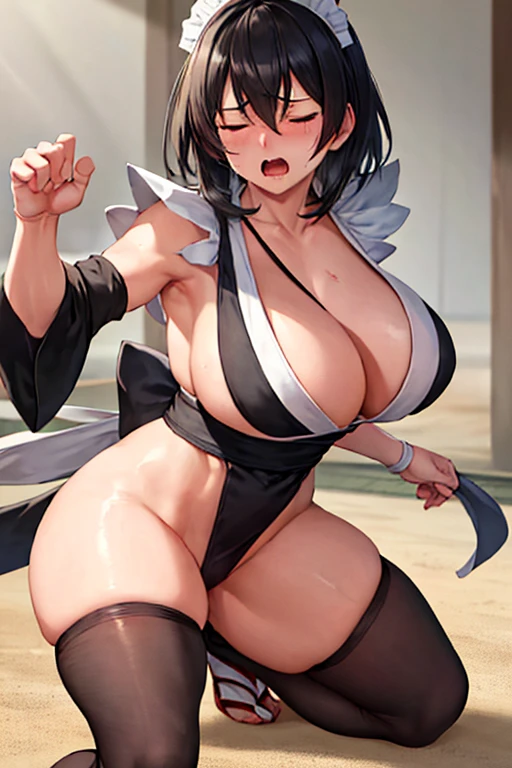masterpiece, best quality, beautiful art, high resolution, well formed hands, body and fingers, 1 woman, solo, Iroha Samurai Shodown, big breasted, cleavage, full body, maid, hair ornament, black stockings, pelvic curtain, sexy Japanese clothes, gorgeous legs and thighs, ryona , in peril, she is being beaten up by her opponent, she is slapped in the face and being slammed against the floor, receiving the impact of her opponent's attacks, closed eyes, screaming in pain and agony, ryona and perilous scene, bouncing breasts, weak and helpless, martial arts tournament on the beach