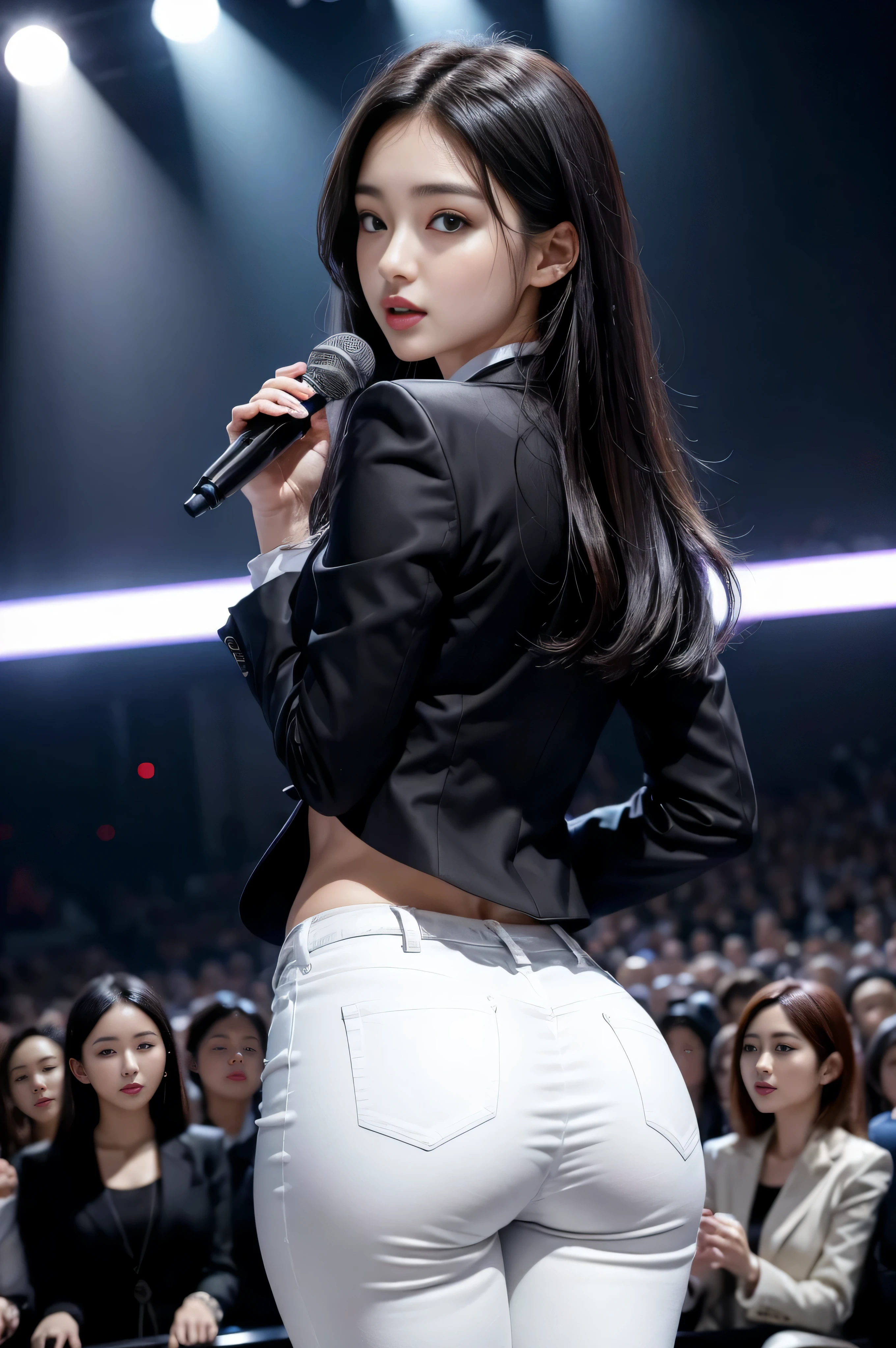 （8k，best quality，masterpiece，practical，super detailed：1.3），（2 girls，beautiful korean girl, kpop idol），（black suit jacket：1.2），（White skinny trousers：1.1），（serious expression：1.2）discuss，（speech，handheld microphone：1.2）（crowd，audience：1.3），Sexy long legs， （thigh gap：1.5），wide hips，S-shaped body， Buttocks raised，，black hair，（ass focus：1.1）shot from behind