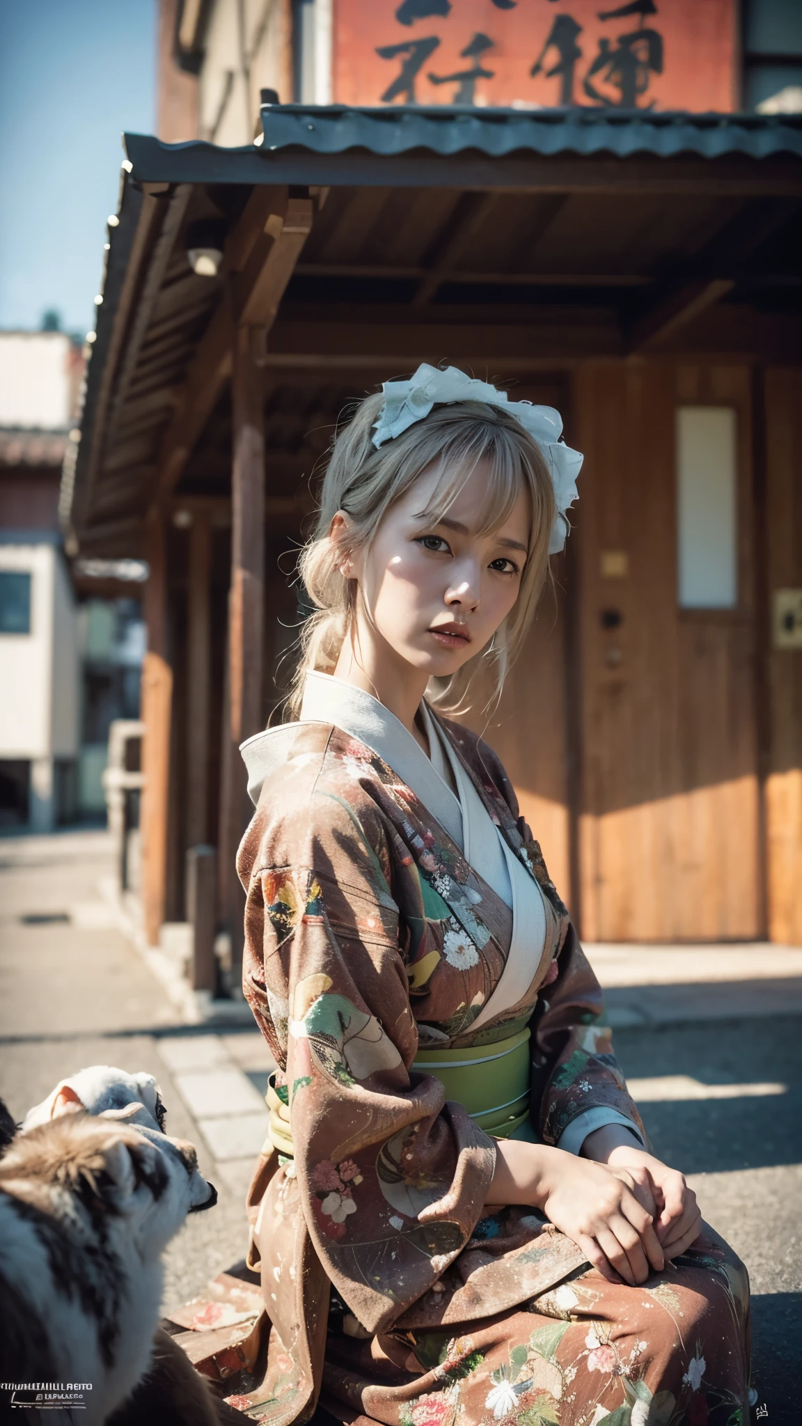 TWbabeXL01, NSFW, photography in the style of detailed hyperrealism,cinematic composition,sky,dof,perfectly focused, Peter Doig,Nan Goldin,fantasy, creature in a kimono sits in the middle of the street,Tokyo,close up, hyper detailed,intricate,poster,artstation,