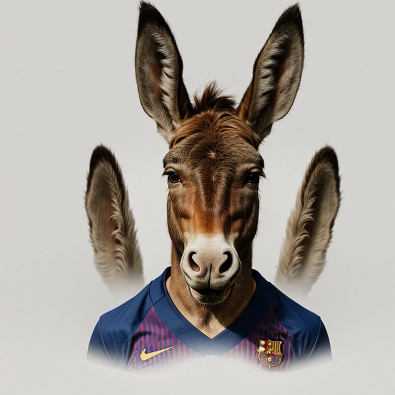 Imagine an animal with a mouth and jaws of a dog ,eyes and ears and skull of a donkey ,the body of human and wearing barcelona shirt