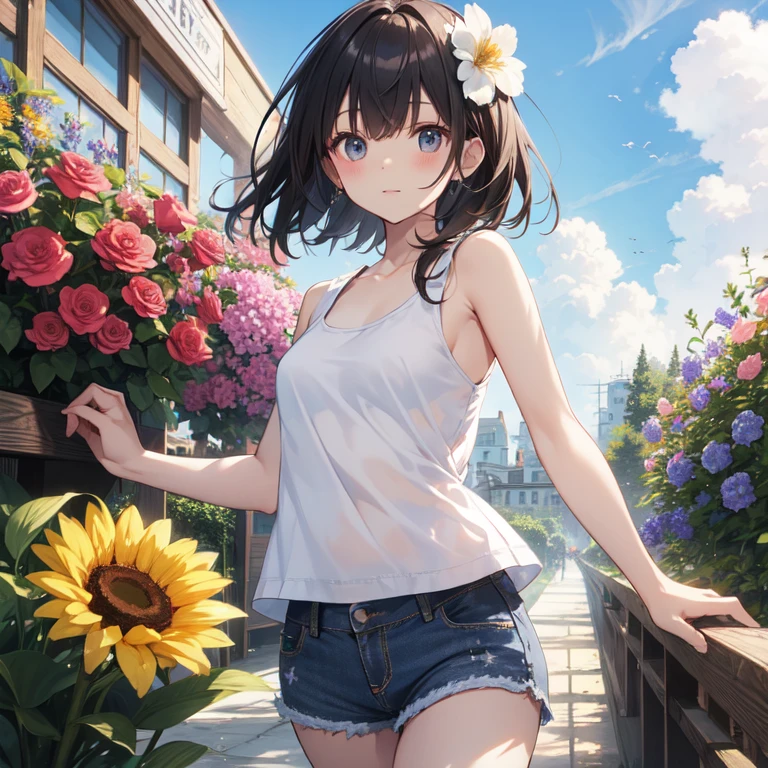highest quality、masterpiece、8k、null、White ruffled tank top、Denim shorts、Cloud、flower garden