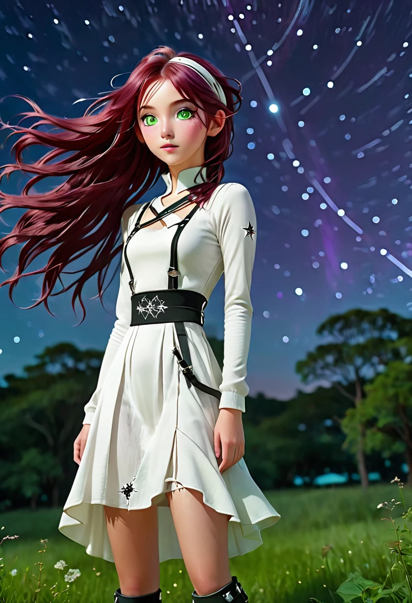 In a Park A couple stargazing)): In a cozy spot under the starry night sky, away from city lights. The Boy with a cute face. green eyes , long burgundy hair, a whit head band with black ninja writings, white high nneck wol swearer and. white long jeans back, hand in hand, with a girl with Silver Long Strands of Hair, Purple eyes wearingva white one strapp dress with black criss-cross lines and short wollen cow boy booths with tassles gazing at the constellations in the night sky. The magic of the twinkling stars in an infinite. enchanted vision of beauty, breathing taking ambience.((Best Quality)) High HD, Zerochan, Pixiv, Hyperrealism, Anime,