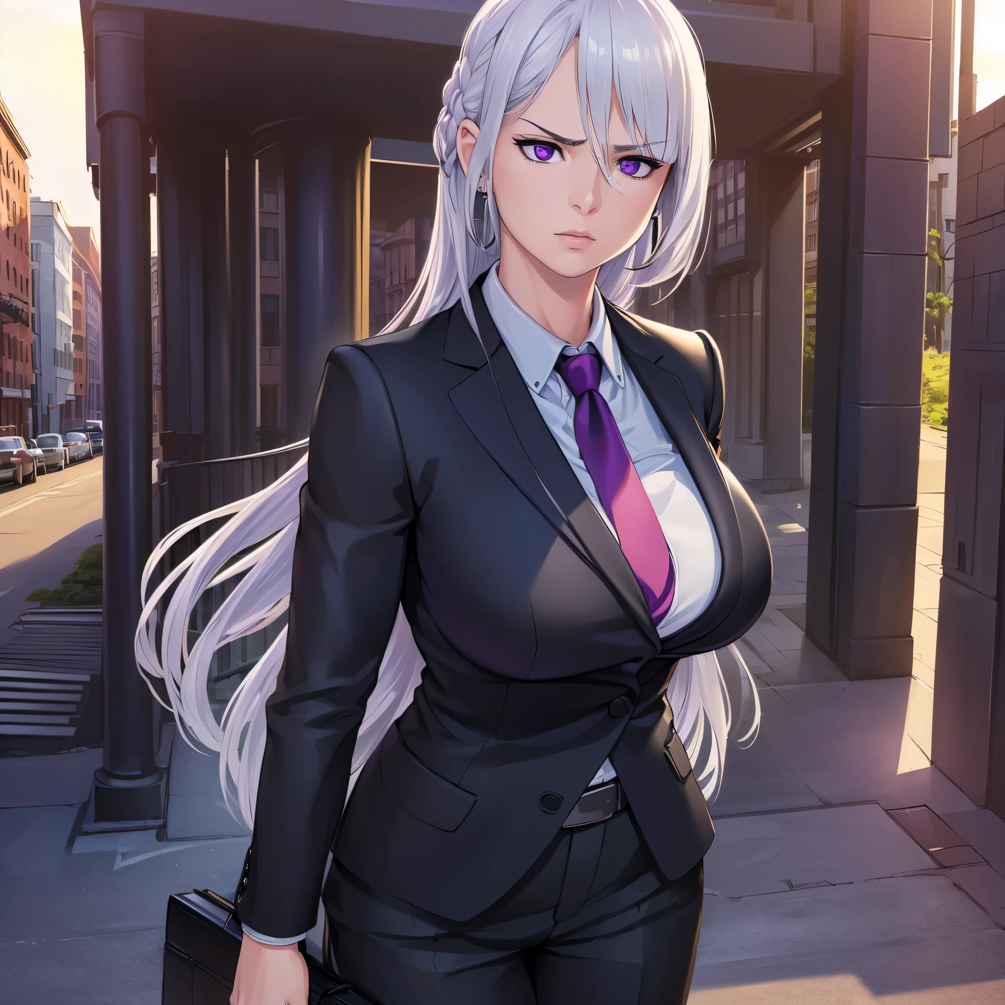 (highres,masterpiece:1.2),ultra-detailed,(realistic,photorealistic,photo-realistic:1.37),portraits,woman,wearing black suit,holding briefcase,outside large building,big breasts,muscular,(serious face),(silver hair),(purple eyes),landscape,vivid colors,studio lighting