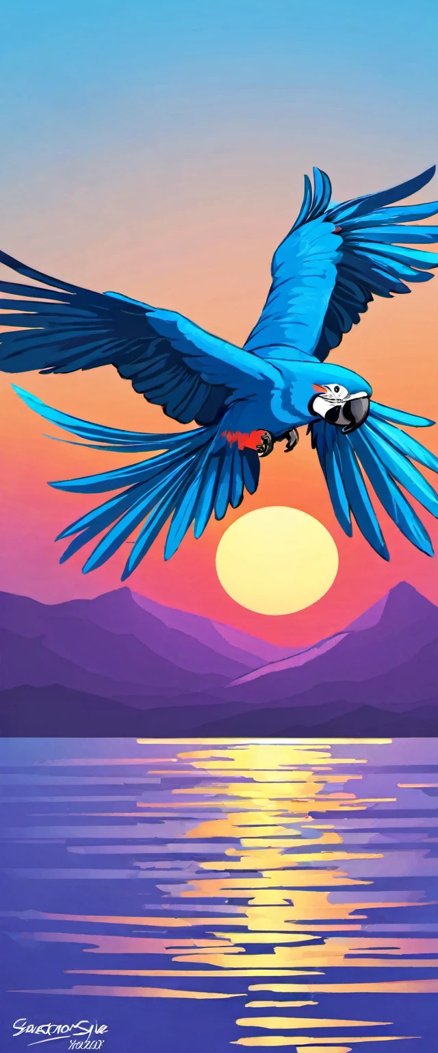 blue macaw flying solo as if it were in the direction of the viewer with wings open with vector style using a maximum of 6 colors flying in the sunset best movimente