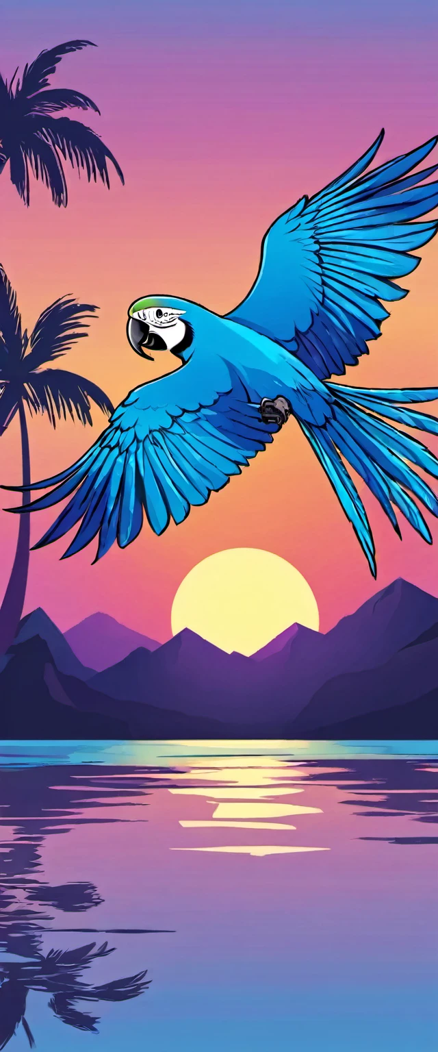 blue macaw flying solo as if it were in the direction of the viewer with wings open with vector style using a maximum of 6 colors flying in the sunset best movimente