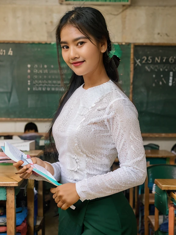 A kind-faced Myanmar school teacher with a warm smile,standing in front of a brightly lit classroom in Yangon,photorealistic,extremely detailed face and clothes,beautiful detailed eyes,beautiful detailed lips,long eyelashes,traditional green htamein,white blouse,determination and passion for education,teaching a group of students,professional portrait, vivid colors,studio lighting.