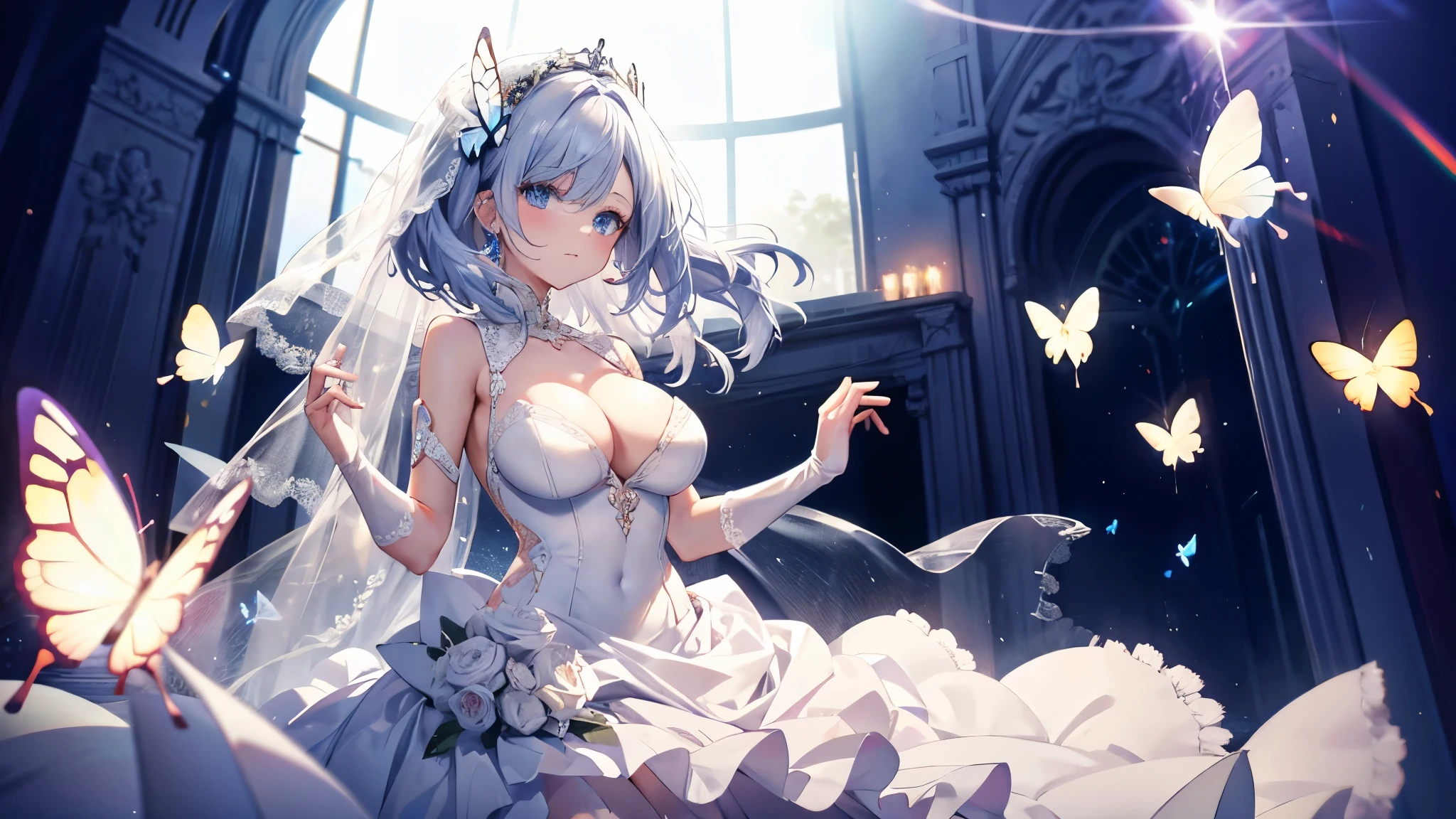 Wedding dress,white dress,Gloves,cleavage,nice breasts,glowing butterfly