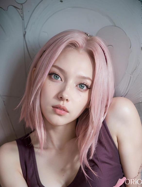 young woman, short shoulder-length pink hair, wide forehead, porcelain skin, pink eyebrows, big emerald green eyes, buttoned nose, full lips, heart-shaped face, slender body, small breasts, red tank top, Sakura Haruno , realistic, realism, details, 3d, well detailed
