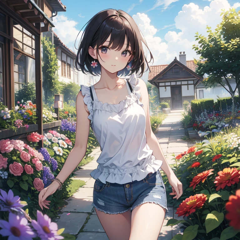 highest quality、masterpiece、8k、null、ruffle tank top、Denim shorts、Cloud、flower garden