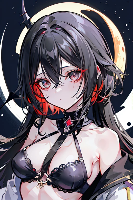 Una chica de cabello negro ojos rojo. Cuerpo completo pechos muy grandes con un lunar al lado del ojo, y cuernos de demonio