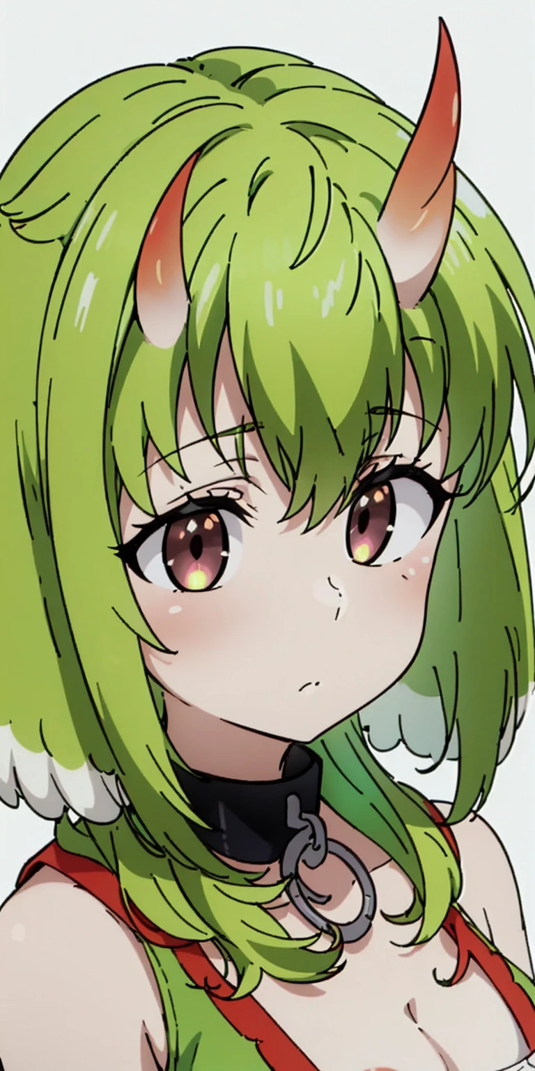 masterpiece, best quality, 4k, face close-up, portrait, 1girl, solo, beige hair, light green hair, pale green hair long hair, purple eyes, empty eyes, small breasts, (oni girl, oni horns, forehead horns), serious, neutral, white blouse, one piece blouse, medieval fashion, standing, arms behind back, looking at viewer, white background, simple background, transparent background