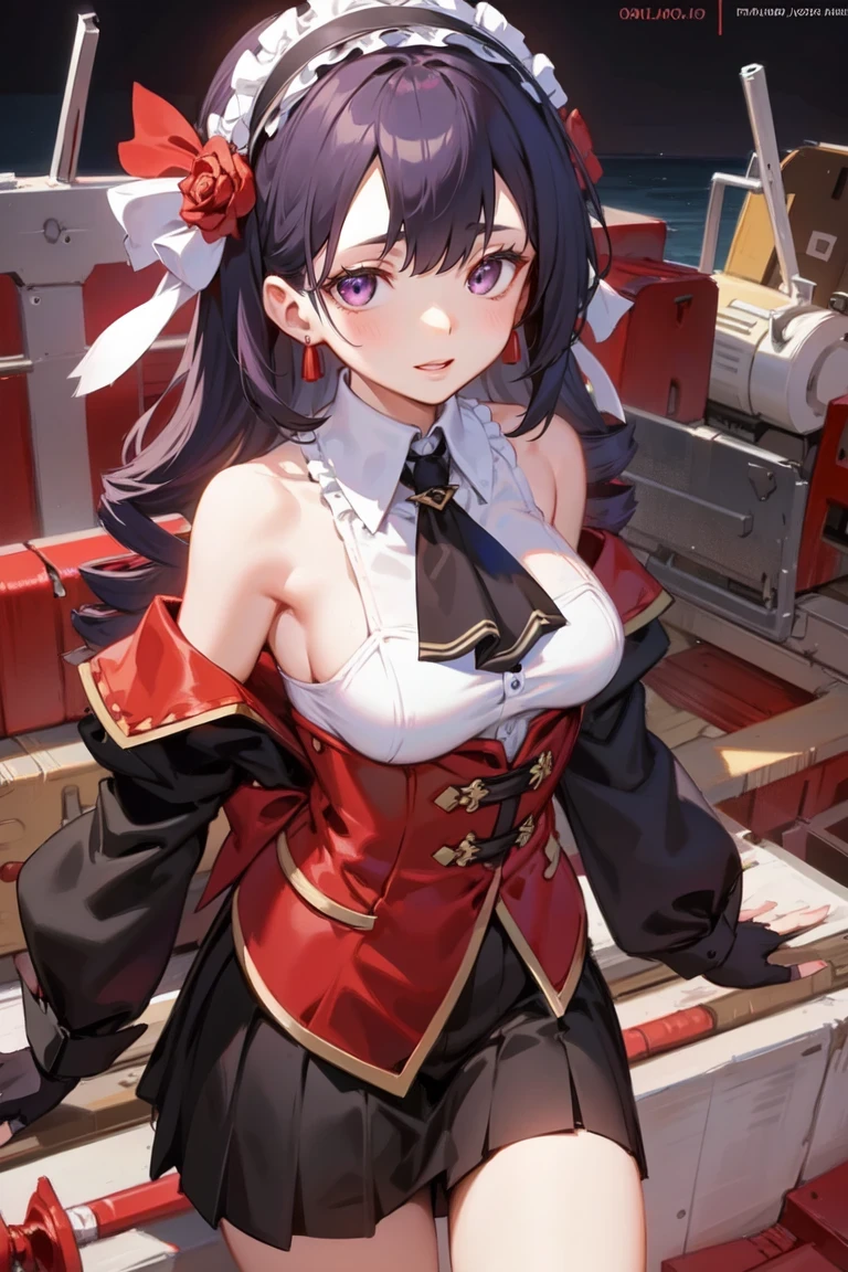 masterpiece, best quality, highres, hmsalome, drill hair, parted bangs, black hairband, ribbon, purple eyes, large breasts, tattoo, red dress, long sleeves, bare shoulders, black gloves, cowboy shot, ojou-sama pose, smile, open mouth, hand on own face,