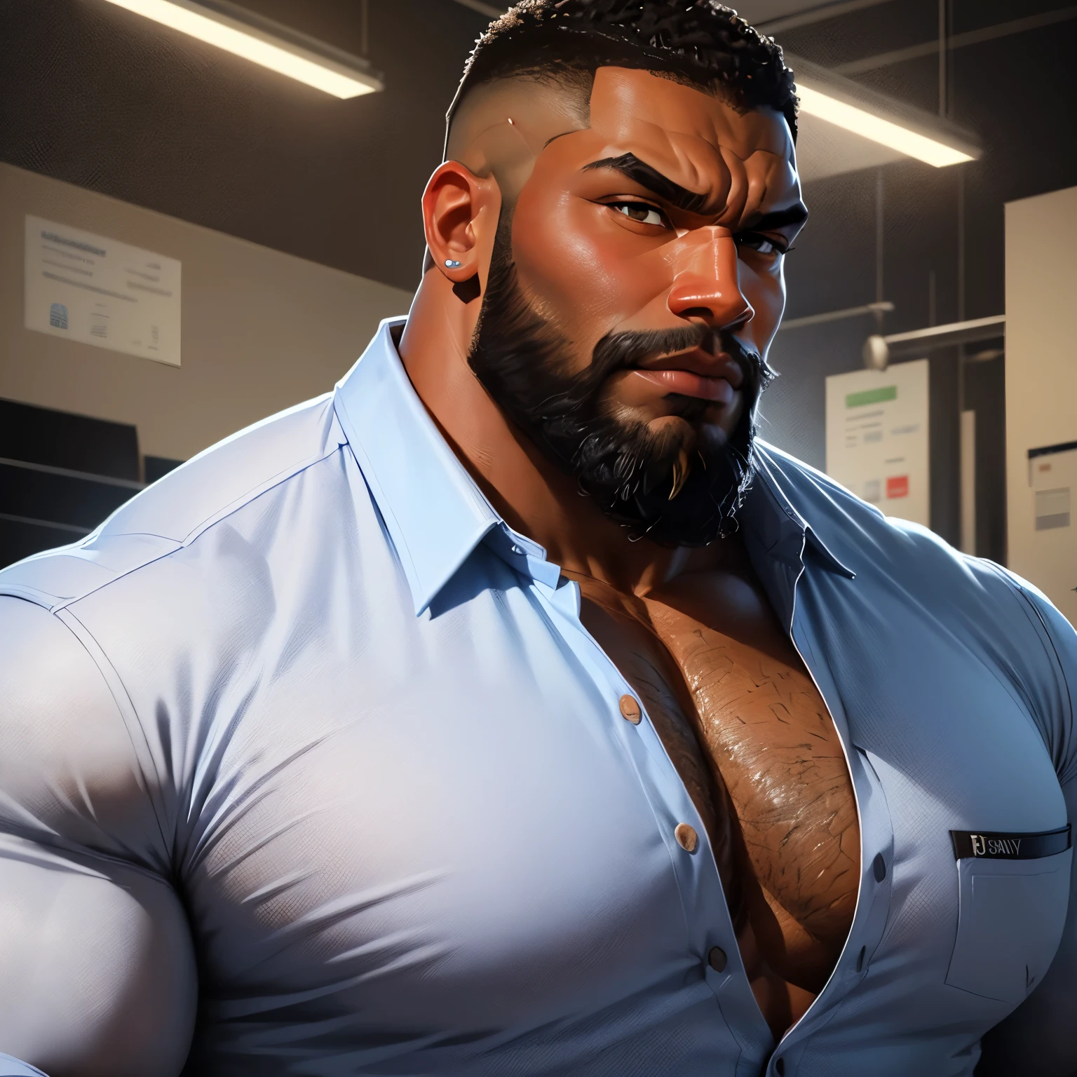 an exaggeratedly muscular and large bodyguard, beefy build, beard, dark-skinned african american male, buzzcut hair with square line, (wearing business work shirt 1.2), company logo patch on shirt, (bara pecs: 1.3), (arm and chest hair: 1.1), close-up portrait HD, (assembly line factory)