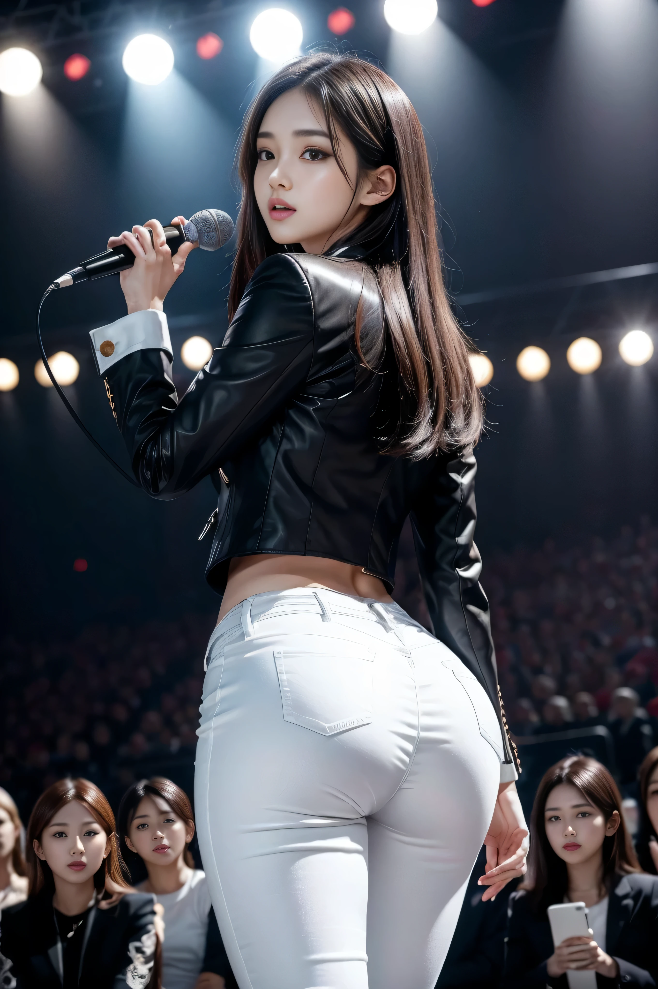 (8k,best quality,masterpiece,practical,super detailed:1.3),(2 girls,beautiful korean girl, kpop idol),(black suit jacket:1.2),(White skinny trousers:1.1),(serious expression:1.2)discuss,(speech,handheld microphone:1.2)(crowd,audience:1.3),Sexy long legs, (thigh gap:1.5),wide hips,S-shaped body, Buttocks raised,,black hair,(ass focus:1.1)shot from behind