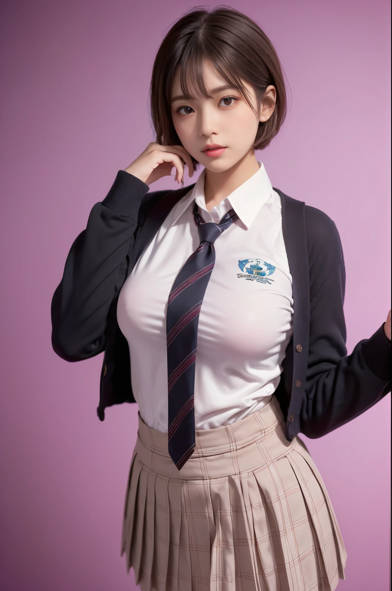 (1 girl:1.3), full body shot, 17 year old supermodel, Chubby body type, plump, bloated belly, high school girl, (from side), (highest quality:1.4), 32K resolution, (realistic:1.5), (ultra realistic:1.5), High resolution 32k UHD, (masterpiece:1.2)), (Improvement of quality:1.4), (very beautiful facial details), (highest quality realistic skin:1.4), (perfect anatomy:1.2), ((Are standing:1.37)), (((school uniform, patterned ribbon tie, pink collared long sleeve shirt:1.15))), red plaid pleated skirt, I'm carrying a backpack on my back, ((In the classroom:1.15)), precise fingers, Super detailed, symmetrical eyes, view audience,natural makeup, ((A good eye for quality:1.2)), (tired, sleepy and satisfied:0.0), (fine lips:1.33), (fine nose:1.2), ((Physically based rendering of the background:1.37)), (Plump:1.2, large breasts), (heavy chest:1.1, Plump lower body), brown hair, (short cut hair:1.37), Anxious face, Gentle light hits your face and body, epic and emotional movie lighting