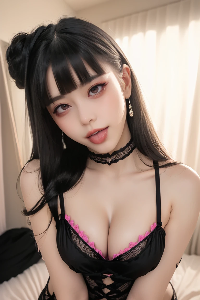 ultra high resolution、(((dull bangs, princess bangs))), (((very heavy,very voluminous bangs:1.1))),(((very length, very heavy,Very voluminous side locks:1.1))),, princess cut, Straight bang hairstyle, Round face with dull bangs, length, dull hair、bangs are cut straight,(masterpiece, highest quality:1.5), (Ultra-detailed 8K CG:1.4), (hyperrealistic:1.25), (Photorealistic:1.25), (realistic:1.4), cowboy shot, (Look above:1.35), (1 from the front.4), (smile 1.3), one beautiful japanese girl, , Supermodel, japanese idol, (grin and laugh), big breasts, Sweat、(Lying on my back on a fluffy bed:1.5)、emphasize cleavage、black hair:1.2、upper body image、((real person:1.5))、(Lingerie with pink lace:1.3)、perfect proportions:1.5、(armpit:1.2)、(8 heads and bodies:1.5)、From above、(long tongue)