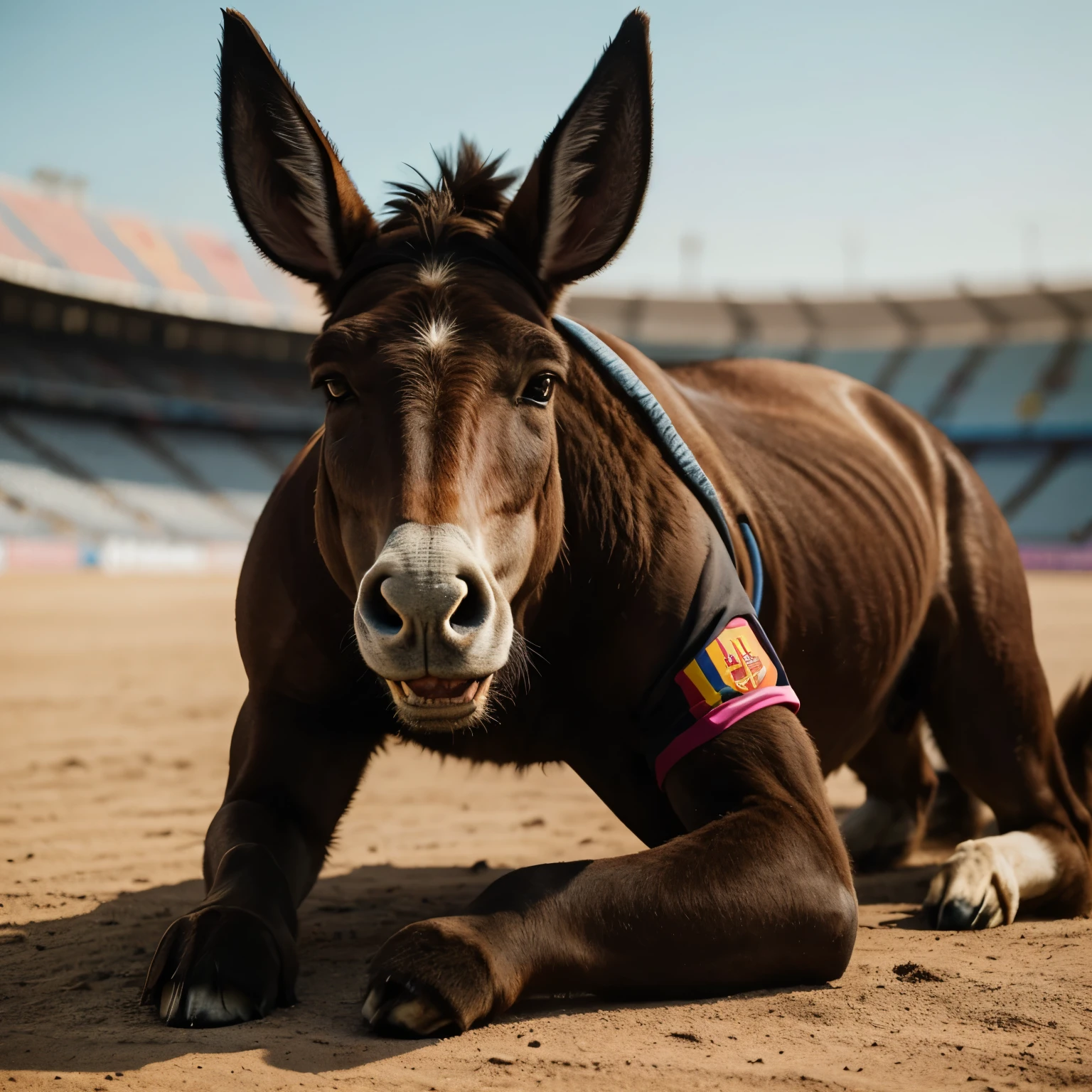 Imagine an animal with a mouth and jaws of a dog ,eyes and ears and skull of a donkey ,the body of human and wearing barcelona shirt