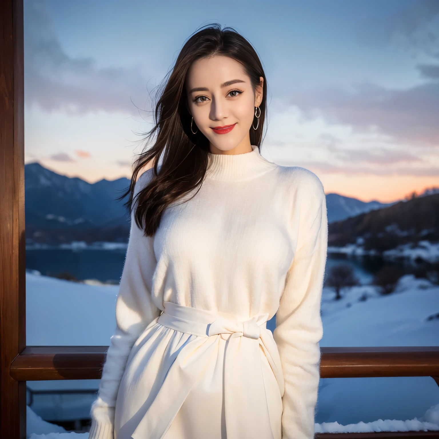 ((top quality、8k、Masterpiece:1.3))、Extremely delicate and beautiful girl,full-body shot,huge breasts,bigger breasts,amazing breast size,G cup,Half of the breasts are exposed。Wear big earrings,Very white skin,moist red lips,Waist is very thin,Thighs are very thin,big butt,fair and smooth skin,Smooth and fair skin,flawless skin,Fair and shiny skin,cold white skin,The camera focuses on the chest,Bright light,white sweater,Lower body exposed,white hair,White hair,heavy snow,snow mountain,sunset,lake,sweet smile,mouth slightly open