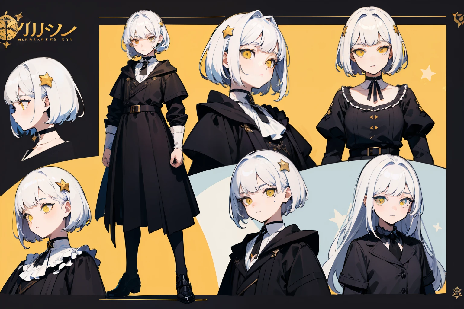 ((Masterpiece, Highest quality)), Detailed face, character sheets, full bodyesbian, Full of details, Multiple poses and expressions, Highly detailed, Depth, Many parts, 1boys , Children all over the body,White color hair，Black pick dye，Yellow eyeitts, Stockings, Black choker, The eye, Star (symbol), pupils in symbol shapes