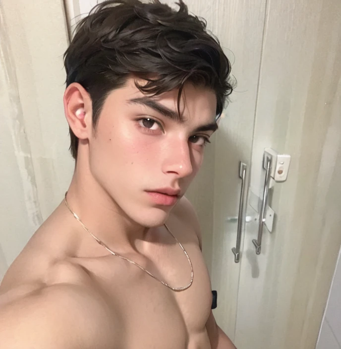 There is a shirtless young man standing in a bathroom., 18 years, Caio Santos, jovencito, 16 years old, lindo joven, tommy 16 years old, cara perfecta y chico, Mateo 9 5, 22 years, hermoso joven, 21 years, diego fernandez, icarus oak, cara hermosa perfecta
