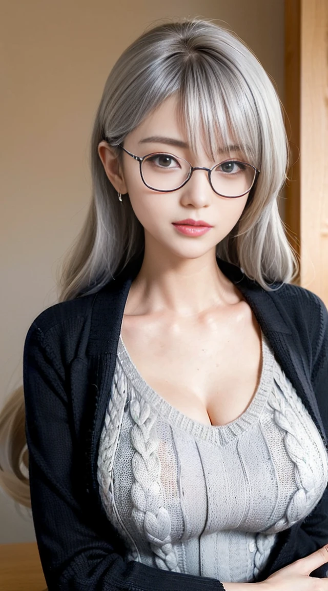 (best quality, 8K, 32k, masterpiece, ultra high definition:1.3), (Photos of attractive Japanese women), ((1 girl)), ((Medium chest:1.3)), abdominal muscles, Perfect body, Super detailed faces, delicate lips, narrow eyes, double eyelids, ((milf)) sexy girl, beautiful girl, jaw-dropping beauty, (Long silver hair:1.2)),  female office worker, ((Sophisticated white sweater:1.3)), ((close to face)), Beautiful smile, The sun illuminated her beautiful face, gray blazer, Early morning in the dressing room, wear glasses, arms crossed, (black blazer)