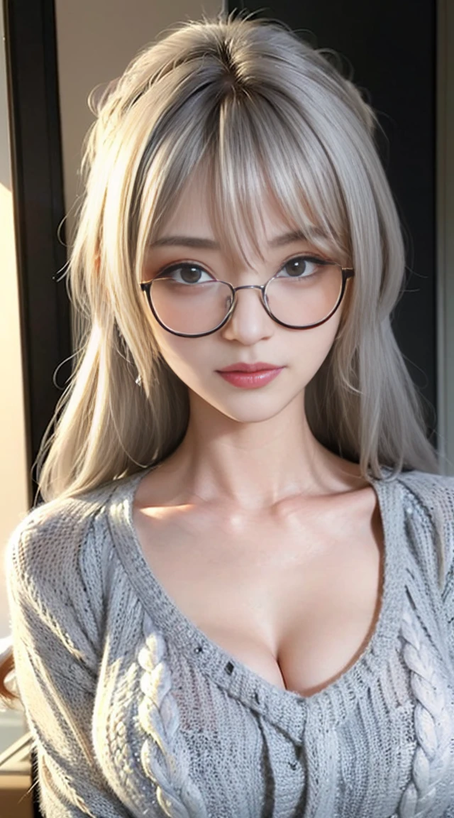 (best quality, 8K, 32k, masterpiece, ultra high definition:1.3), (Photos of attractive Japanese women), ((1 girl)), ((Medium chest:1.3)), abdominal muscles, Perfect body, Super detailed faces, delicate lips, narrow eyes, double eyelids, ((milf)) sexy girl, beautiful girl, jaw-dropping beauty, (Long silver hair:1.2)),  female office worker, ((Sophisticated white sweater:1.3)), ((close to face)), Beautiful smile, The sun illuminated her beautiful face, gray blazer, Early morning in the dressing room, wear glasses, arms crossed, (black blazer)