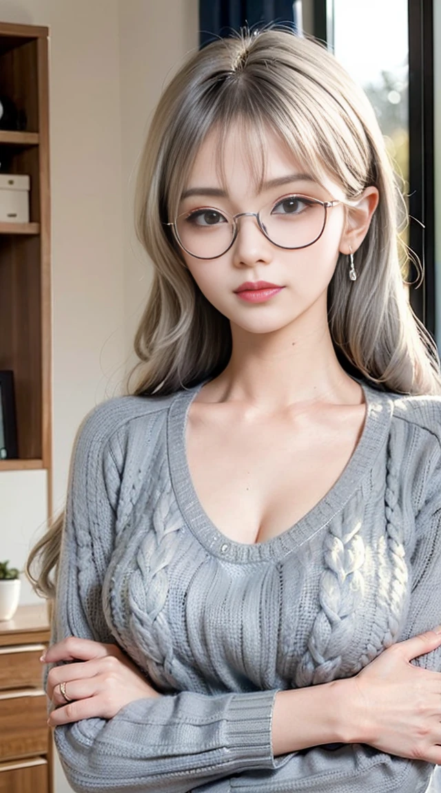 (best quality, 8K, 32k, masterpiece, ultra high definition:1.3), (Photos of attractive Japanese women), ((1 girl)), ((Medium chest:1.3)), abdominal muscles, Perfect body, Super detailed faces, delicate lips, narrow eyes, double eyelids, ((milf)) sexy girl, beautiful girl, jaw-dropping beauty, (Long silver hair:1.2)),  female office worker, ((Sophisticated white sweater:1.3)), ((close to face)), Beautiful smile, The sun illuminated her beautiful face, gray blazer, Early morning in the dressing room, wear glasses, arms crossed, (black blazer)