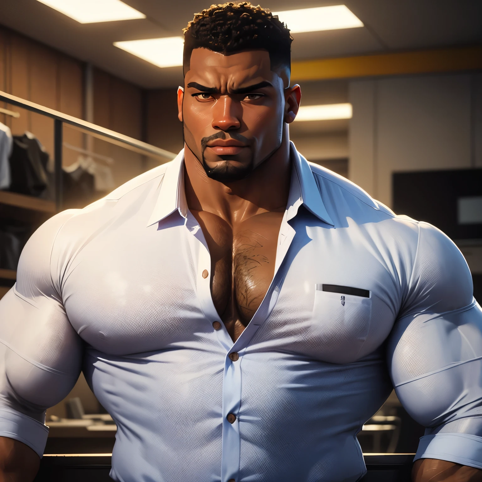 an exaggeratedly muscular and large bodyguard, beefy build, beard, dark-skinned african american male, buzzcut hair with square line, (wearing business work shirt 1.2), company logo patch on shirt, (bara pecs: 1.3), (arm and chest hair: 1.1), portrait HD, (assembly line factory)