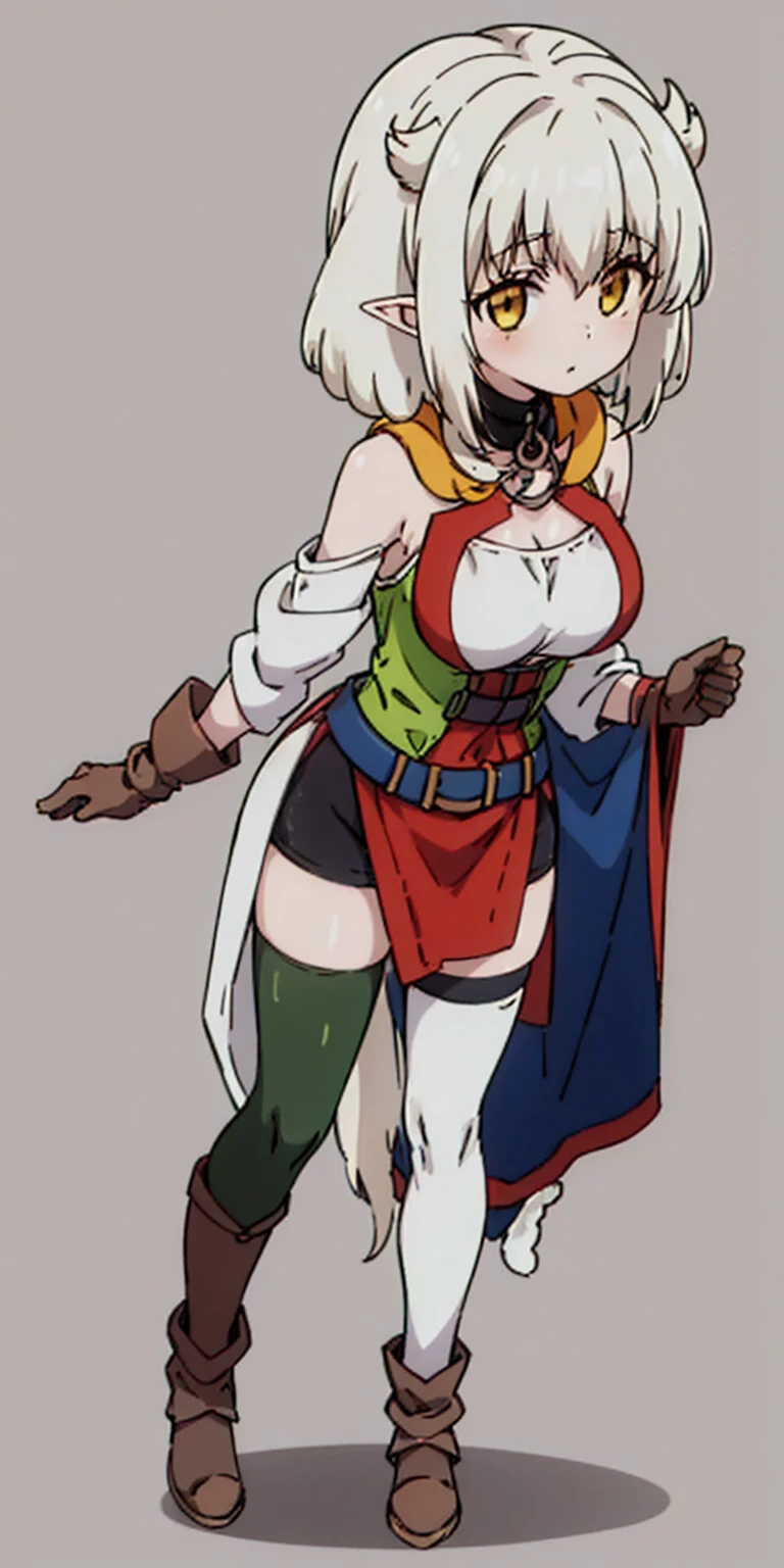 masterpiece, best quality, high quality, 1solo white SKIN elf, long hair, white hair, yellow eyes, full body, def_effie, blue breastplate, looking at viewer, shiny,armor, thighhighs, high boots,shoulder armor, faulds, poleyn, gloves, gauntlets