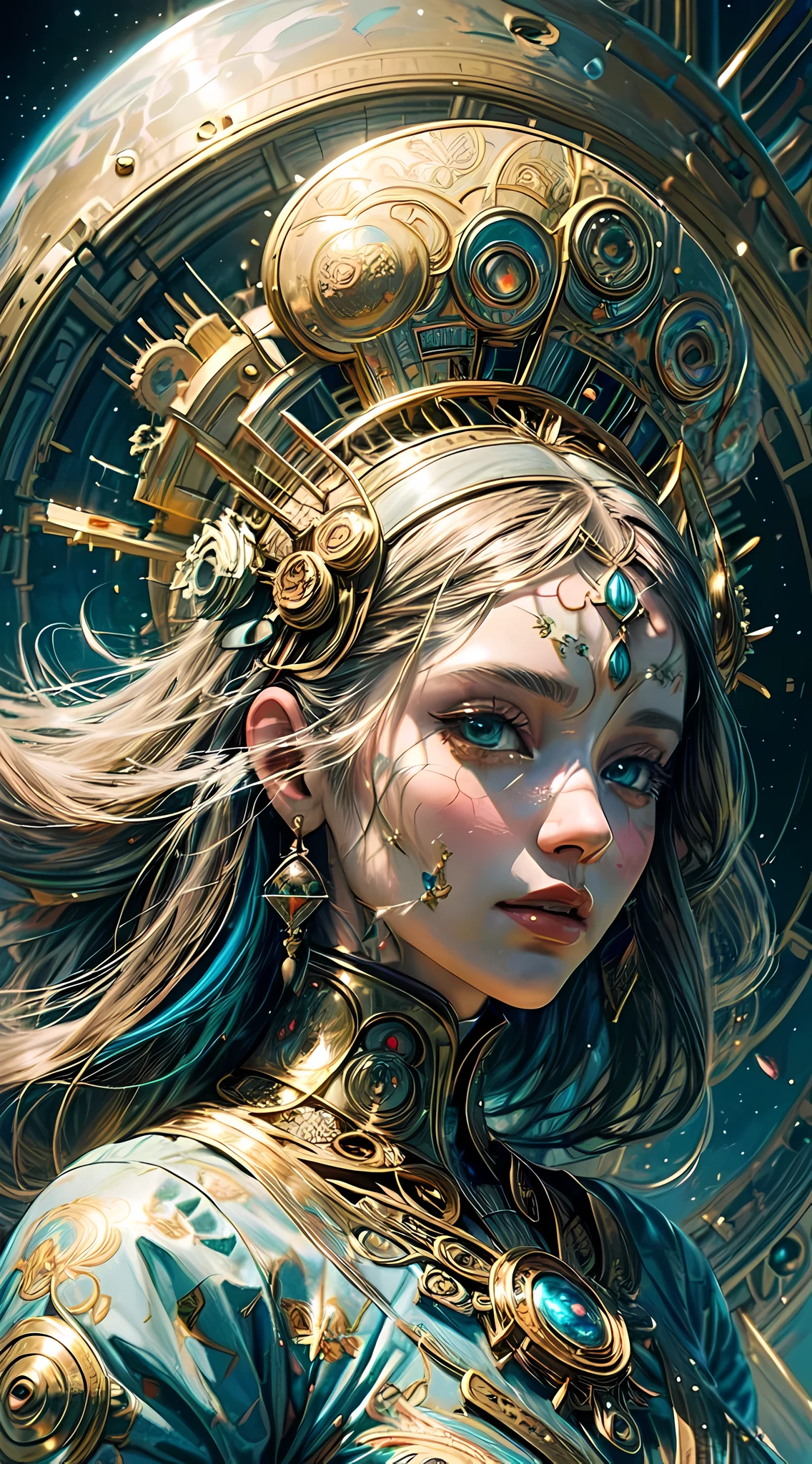 A girl wears a delicate metal headdress,(close up),Dress with golden floral decoration,colored hair,Exquisite facial features,cosmic eye,unique(best quality,Super detailed best illustrations、best shade、masterpiece、high resolution、professional artwork、famous artwork:1.2), Artem and James Jean, Ana DittmannAlberto Vargas, Anna Dittmann's style, beautiful retro art, A beautiful artistic illustration, Inspired by James Jean, james jenn and wop, James Jean Soft Light 4K, James Jean Soft Light 4K, Beautiful digital artwork
