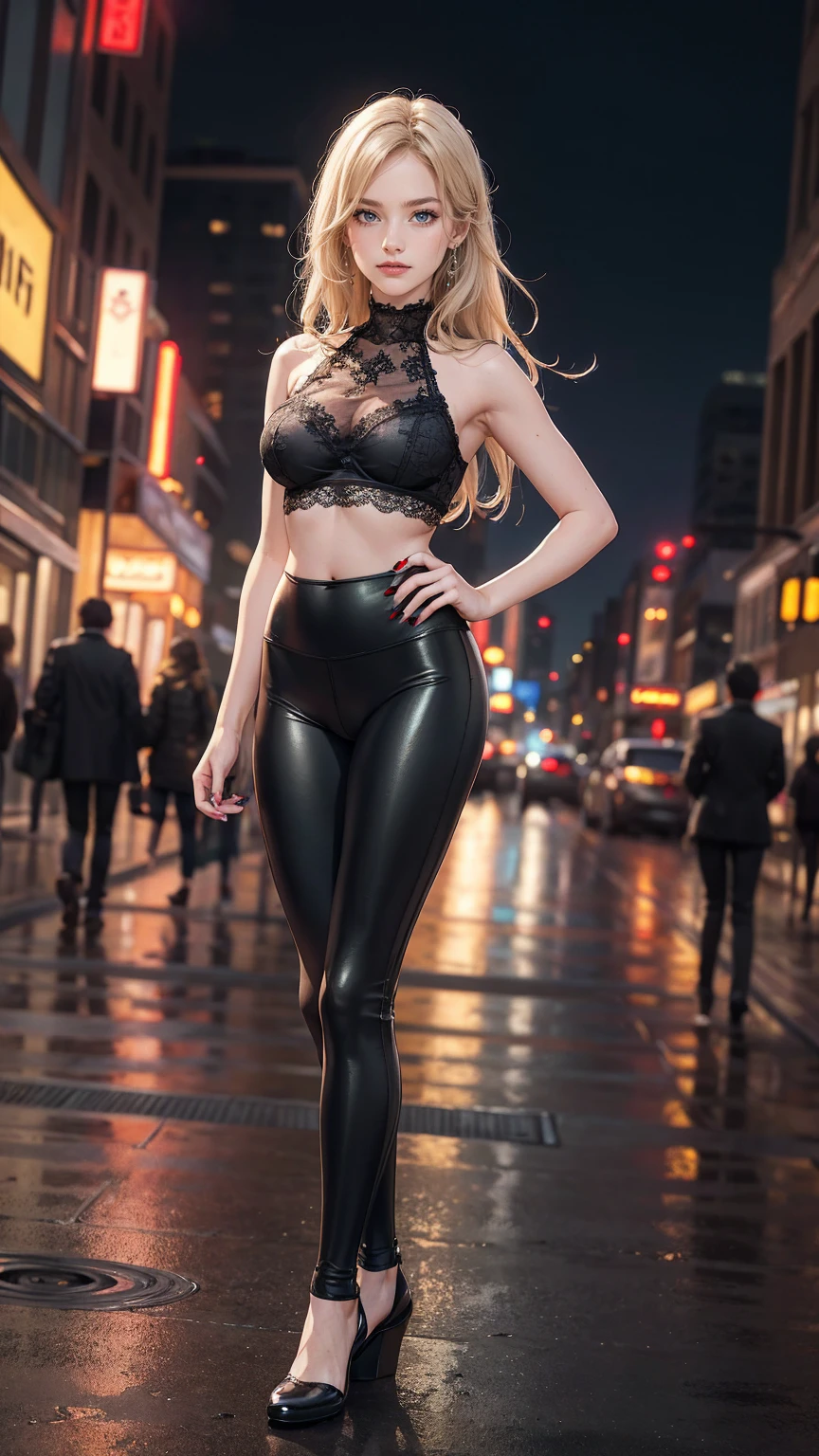 ((最high quality, 8K, masterpiece: 1.3, Ultra HD, high quality, 最high quality, High resolution, realism)) 、25 year old white woman、platinum blonde、blue eyes、long hair、straight hair、smile、Slender but well-proportioned muscular body、I don't want my head to disappear from the screen.、Wearing red nail polish、I have a peticure、black((decorated with lace))Wear high neck zipper up tops、blackトレンカ((stirrup leggings))I'm wearing it、ピンヒールI'm wearing it、I'm on a street of skyscrapers at night in New York、Beautiful neon sign、smile、Put one hand on your hip、model standing
