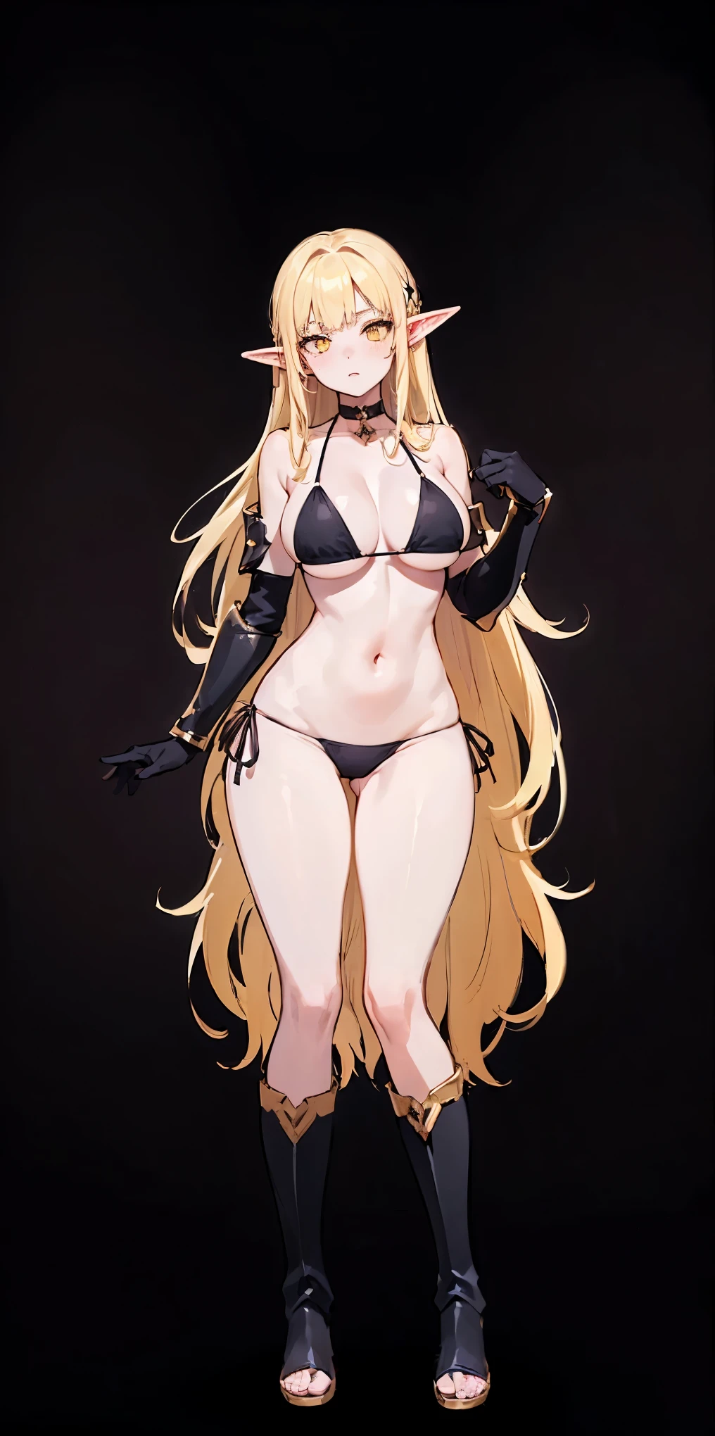 ((BLACK BACKGROUND1:2)) masterpiece, best quality, high quality, 1solo white SKIN elf, long hair, blonde hair, yellow eyes, full body, black bikini, looking at viewer, shiny, black thighhighs, high boots,shoulder armor, faulds, poleyn, gloves, gauntlets, FEET TOGETHER STANDING SYMMETRICAL, female elf big knockers bikini