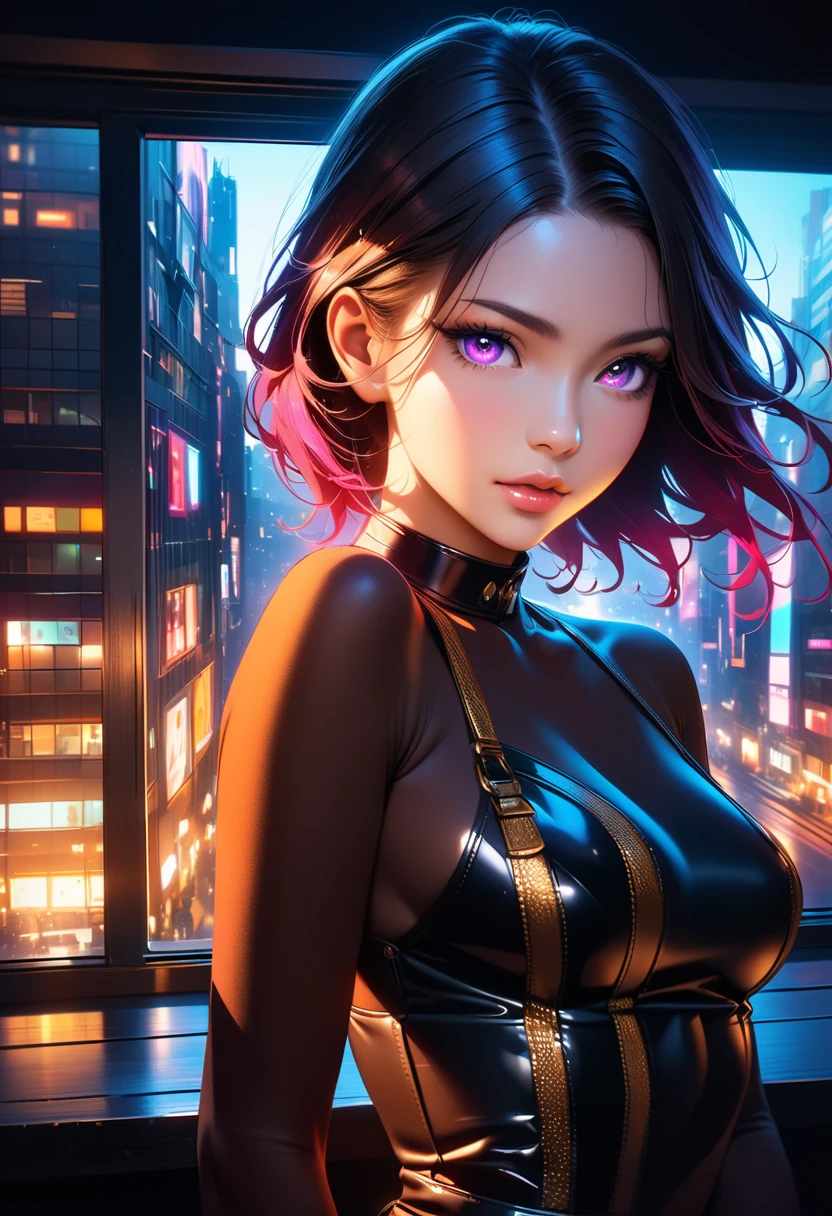 A girl's appearance seen through a sniper's scope, viewed from the window of a luxury apartment. The girl has beautiful detailed eyes and lips, and her face is extremely detailed. She has long eyelashes and is wearing elegant clothing. The girl is positioned against a backdrop of a vibrant cityscape, with tall buildings and bustling streets. The scene is bathed in warm, golden studio lighting, enhancing the contrast and depth. The image quality is of the best quality, with ultra-detailed features and photo-realistic rendering. The artwork is created using a digital illustration medium. The color tone is rich and vibrant, with vivid colors that highlight the intensity of the scene. The overall lighting is dramatic, with a mix of diffused and spotlighting to create depth and intrigue.