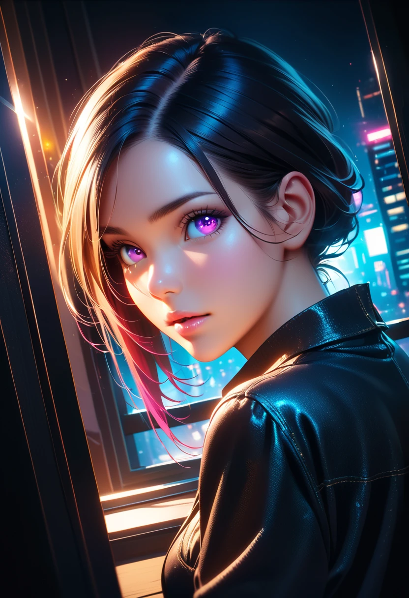 A girl's appearance seen through a sniper's scope, viewed from the window of a luxury apartment. The girl has beautiful detailed eyes and lips, and her face is extremely detailed. She has long eyelashes and is wearing elegant clothing. The girl is positioned against a backdrop of a vibrant cityscape, with tall buildings and bustling streets. The scene is bathed in warm, golden studio lighting, enhancing the contrast and depth. The image quality is of the best quality, with ultra-detailed features and photo-realistic rendering. The artwork is created using a digital illustration medium. The color tone is rich and vibrant, with vivid colors that highlight the intensity of the scene. The overall lighting is dramatic, with a mix of diffused and spotlighting to create depth and intrigue.