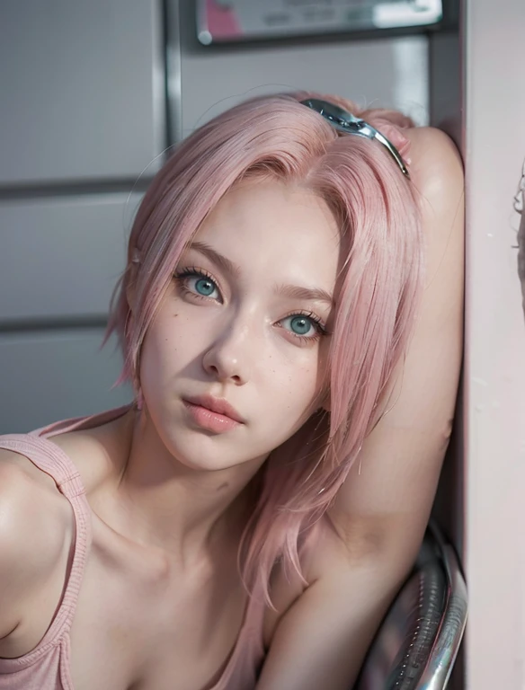 young woman, short shoulder-length pink hair, wide forehead, porcelain skin, pink eyebrows, big emerald green eyes, buttoned nose, full lips, heart-shaped face, slender body, small breasts, red tank top, Sakura Haruno , realistic, realism, details, 3d, well detailed
