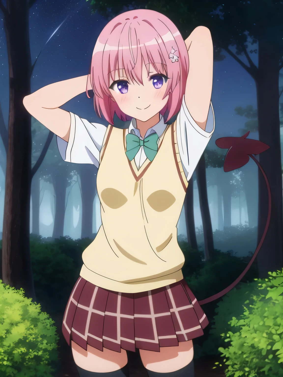 (masterpiece, best quality:1.2),illustration,8k,hd,1girl,solo,seductive smile,shy,blush,short_hair,skirt,hair_ornament,thighhighs,twintails,school_uniform,purple_eyes,tail,pink_hair,zettai_ryouiki,demon_tail,sweater_vest, contrapposto, spread armpit, arms behind head, solo, forest, night, smile, cowboy shot,