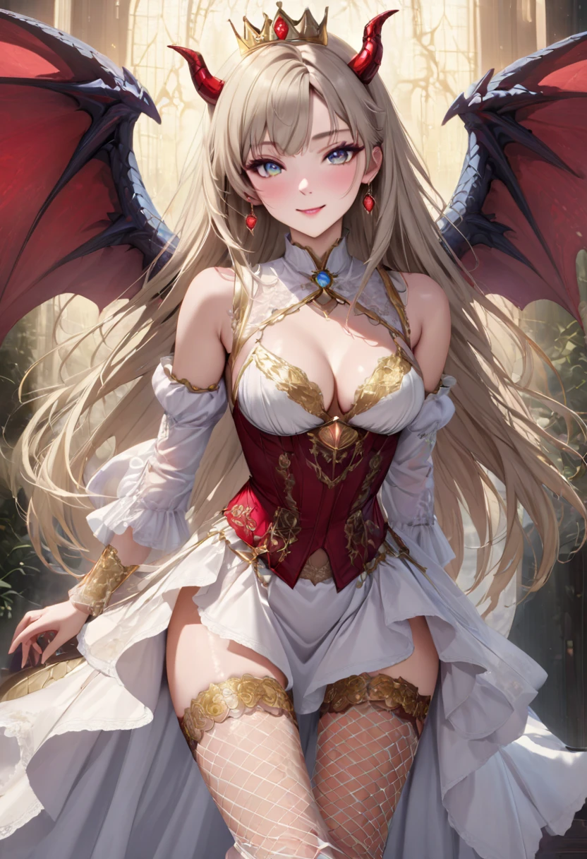 anime style of A lascivious dragonoid, A princess with platinum blonde hair, long and flowing, has an innocent face with a friendly smile, rosy lips, wearing diamond earrings, adorned with a princess crown. She wears a deep-cut white princess gown, (white princess gown:1.6), with the sides of the top connected by strings, lace sleeves, transparent gloves, and on her hand, She raises one hand high, revealing smooth white armpits, short layered skirt, red lace lingerie, intricately designed fishnet stockings, and elegant high heels complete , Dragon tail, dragon wings, small horns, calling upon forces from the mystical realms, enchanter, psychic powers, tesla punk , celestial alignment, arms raised to the heavens, invoking cosmic energies, enchanted moonlight, wings, casting light magic , radiant dazzling glow, emanates soft pure white light, interspersed with gentle gold and pale yellow hues, shimmers like sunlight filtering through a morning mist, casting a warm, comforting presence, gracefully, beams of light bend and spread, creating a sense of serenity and hope, thigh gap, atmospheric, mist, insanely detailed, masterpiece, best quality, hyper realistic, hyper detailed masterpiece, dynamic, awesome quality, detailed face, detailed body, shiny skin, round breasts, natural breasts, medium perfect breasts, seduce face, seduce eyes, sexy pose, cleavage cutout, bad_pictures, OverallDetail, Perfect Hands, victorian dress, dragon riding, perfecteyes
