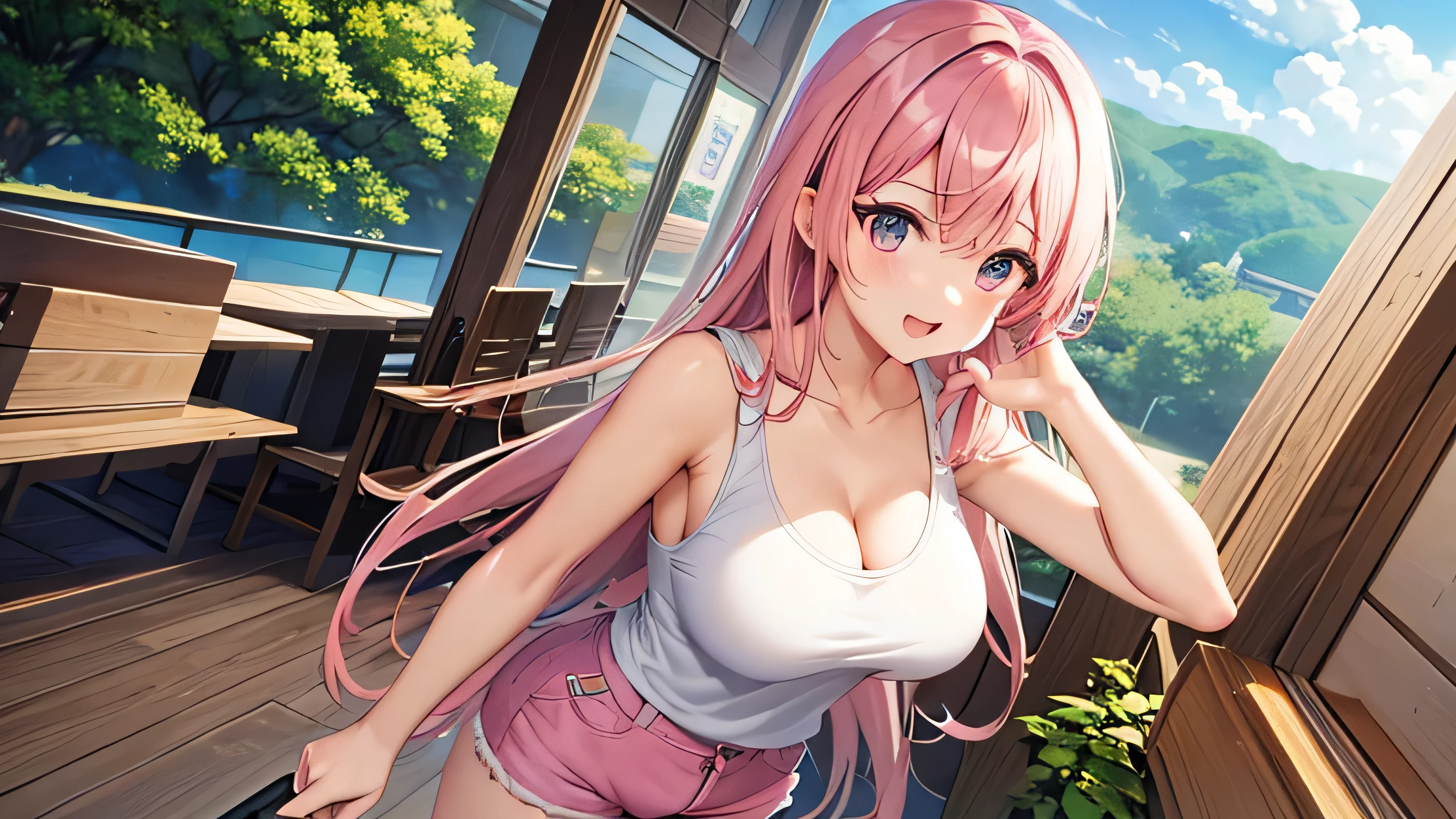 anime、pink hair、big breasts、valley、white sleeveless shirt、pink shorts、Cafes in town、one person