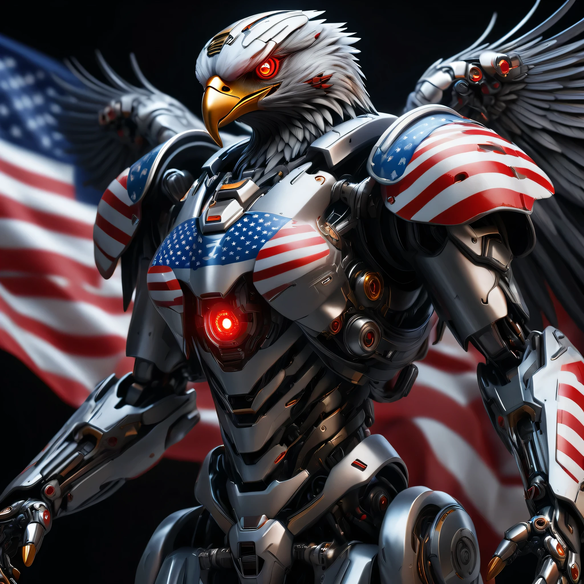 an ultra detailed, hiper realism, digital art, of a mecha eagle, red eyes, with in an elegant United States of America flag colors in your cyborg armor with mechanic parts and cyborg helmet , sci-fi armor, super detailed armor, carbon textures, ghost in the shell, deus ex, full body shot, action pose, ultra sharp focus, award winning photography, perfect contrast, high sharpness, depth of field, ultra detailed photography, global illumination, smooth, 18mm, full body vision, ultra high definition, 8k, unreal engine 5, ultra sharp focus, award winning photography, trending on artstation