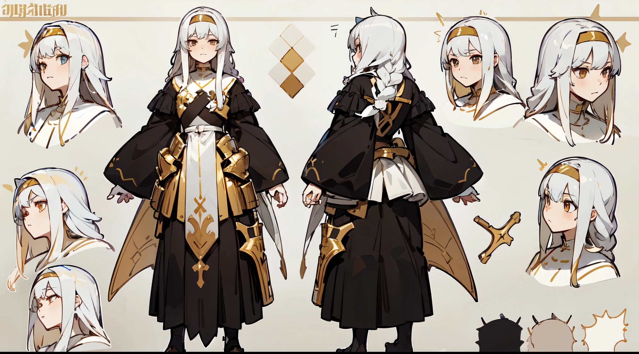 pious pope，sacrifices，Sacred costumes，lewd nun，crosses, golden, (tmasterpiece), Best quality at best,Golden armor，Slim armor shape，Holding a long sword， Expressive eyes,    s the perfect face, (character sheets:1),character  design，Conceptual role，（The whole body  from head to toe）, Long white hair, Braided hair