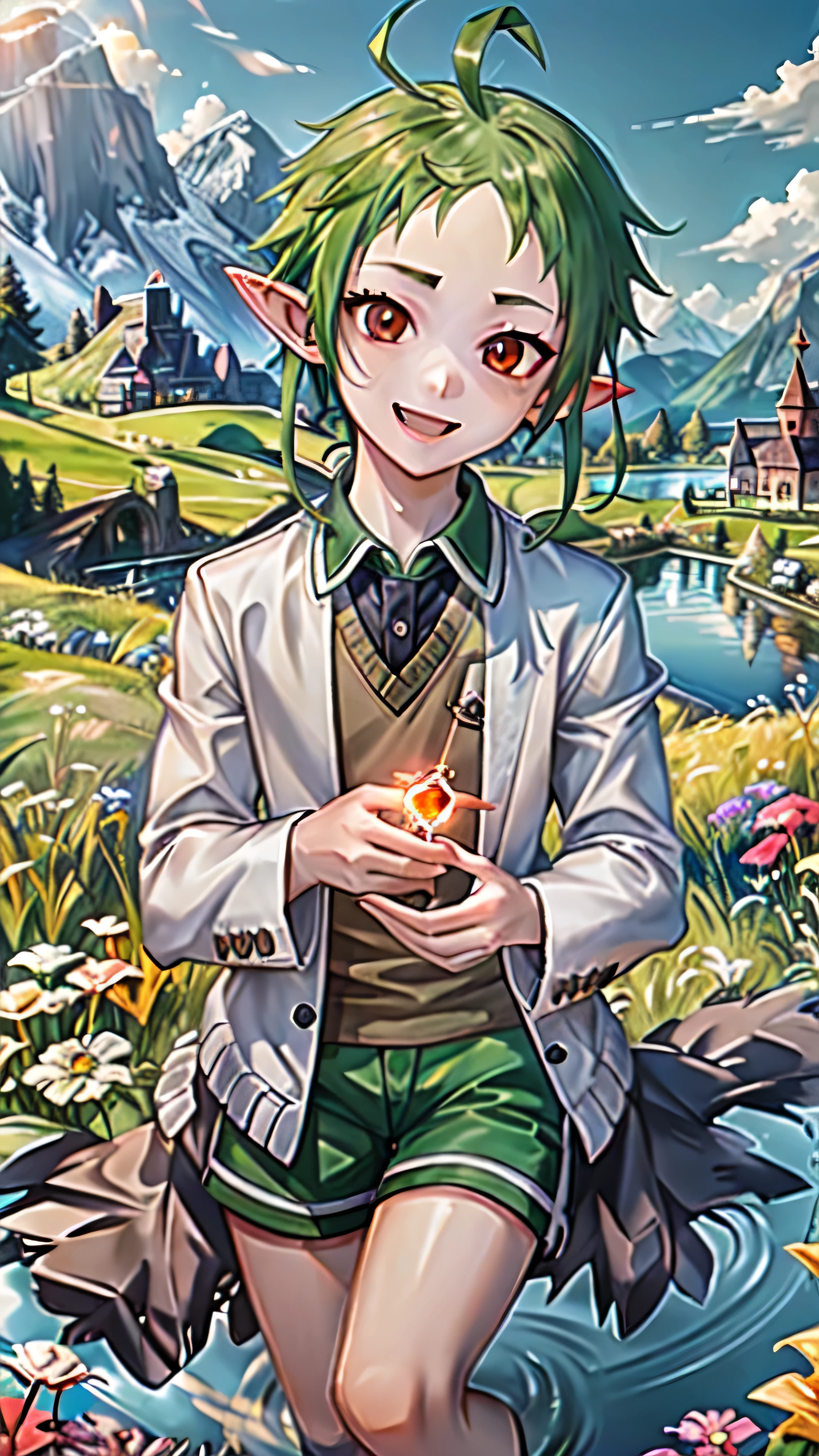 best quality, HDR, sylphiette, 1kid, ahoge, elf, forehead, green hair, pointy ears, (red eyes:1.2), short eyebrows, short hair, jacket, shirt, shorts, white jacket, holding a magic wand with a red gem, smiling, looking at viewer, green grassland scenery, water sparkles all around