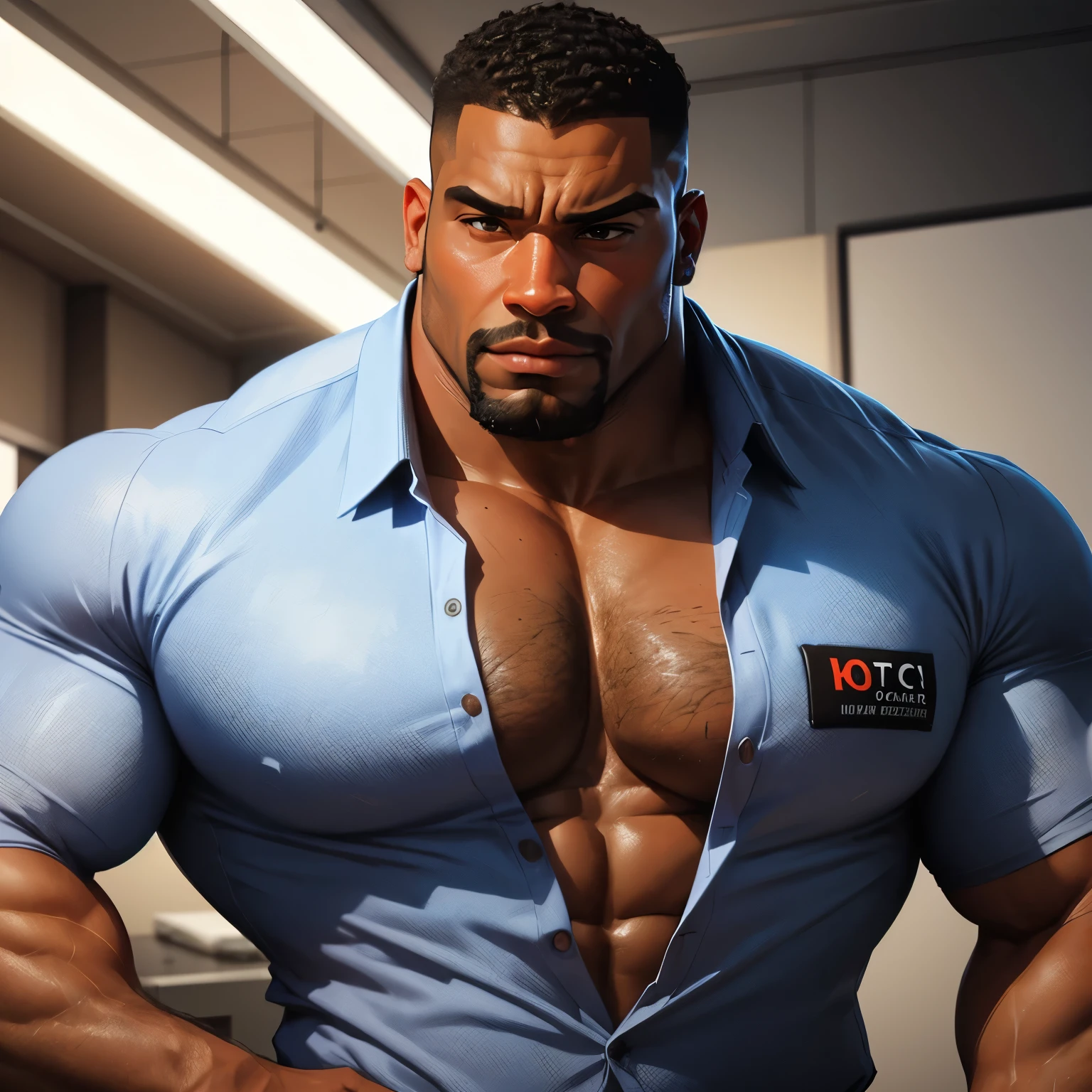 an exaggeratedly muscular and large bodyguard, beefy build, beard, dark-skinned african american male, buzzcut hair with square line, (wearing business work shirt 1.2), company logo patch on shirt, (bara pecs: 1.3), (arm and chest hair: 1.1), portrait HD, (assembly line factory)