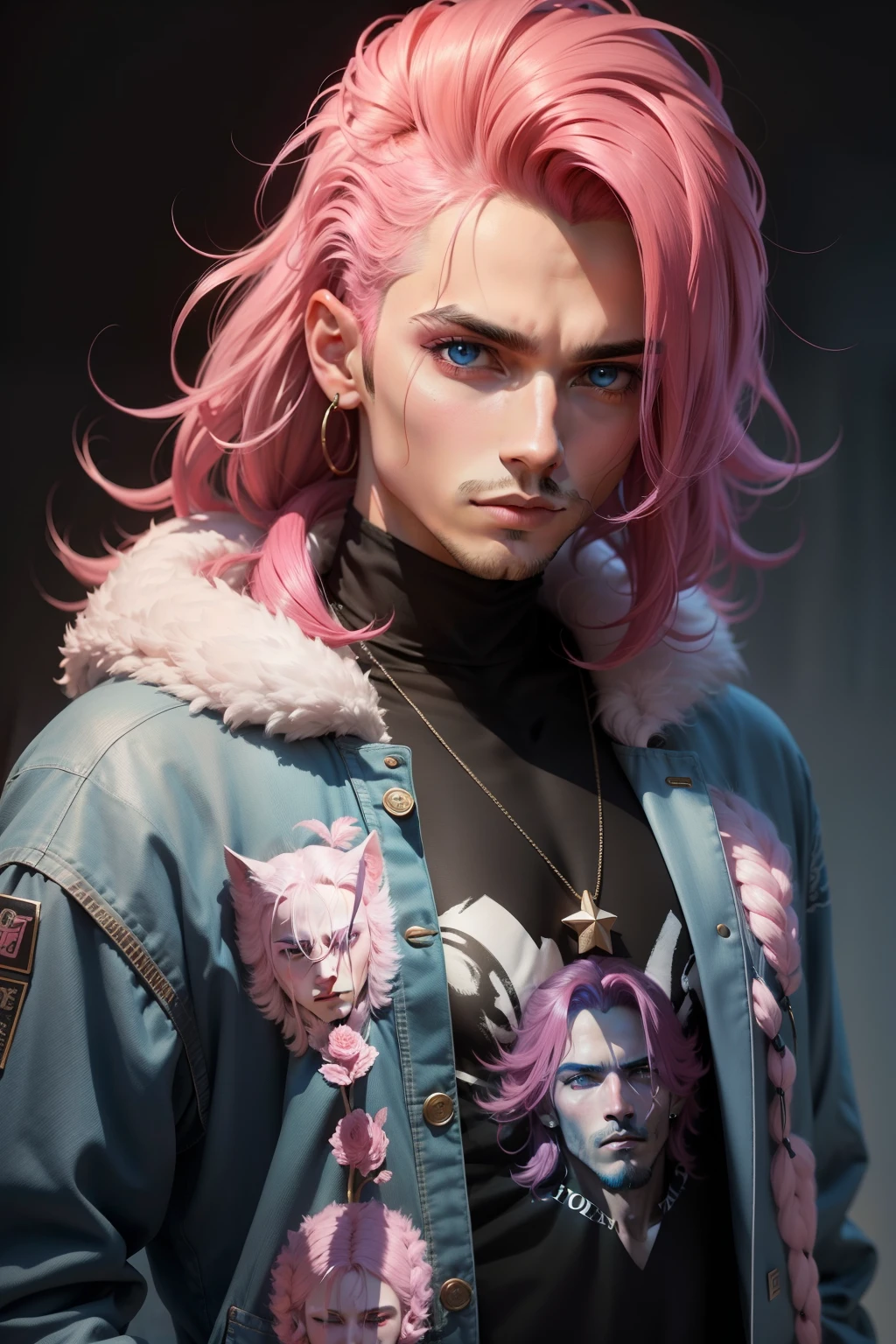 Personaje masculino con cabello rosado ligeramente puntiagudo, destellos de luces rojosdesde los ojos. Una chaqueta de remera azul