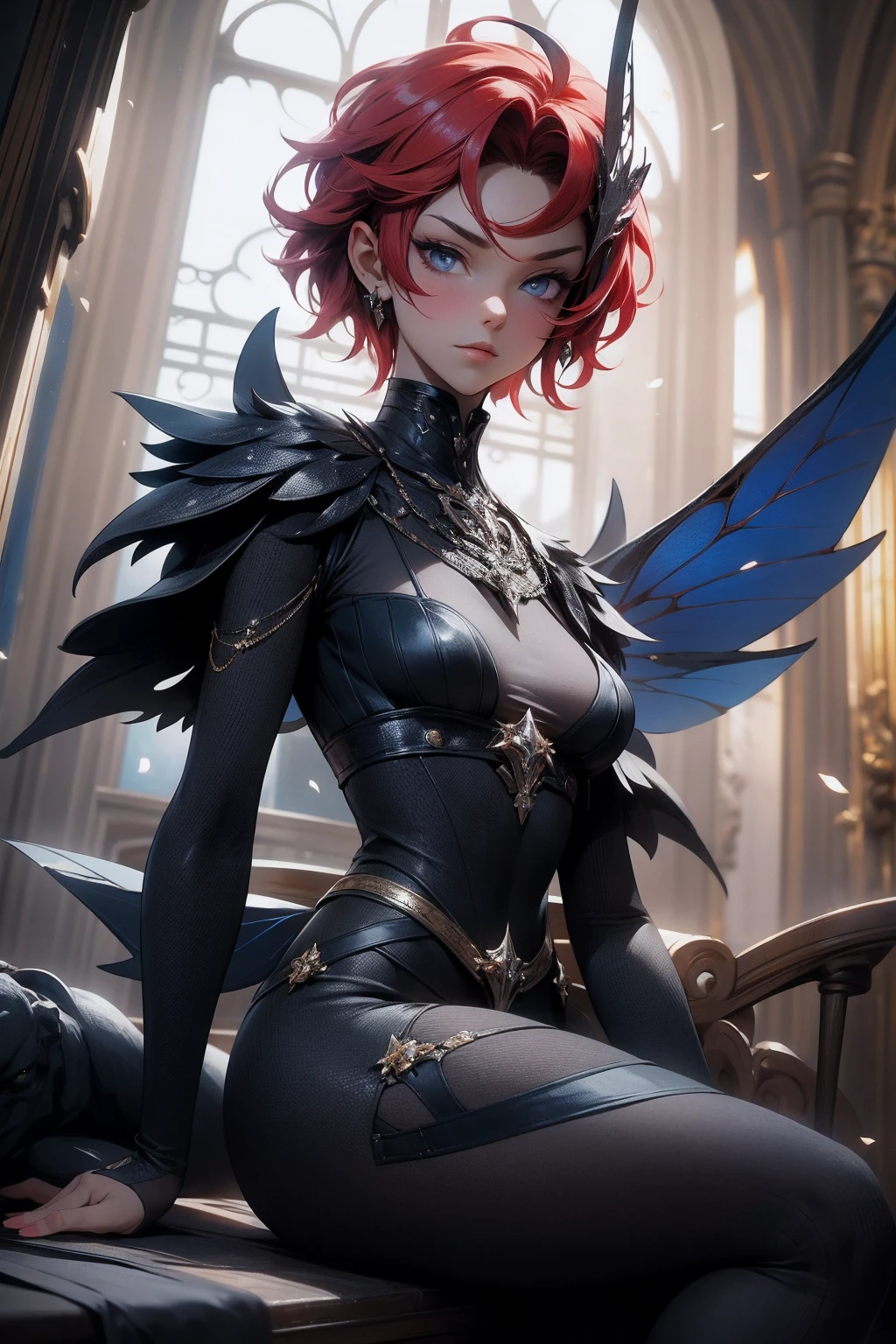 (Absurd, high quality, ultra -compared, careful with the hand) fairy, fairy wings, dreamer body, vivid, romantic and all. Optimistic face, just lies, without entry and intellectual. Reckless style, cold heart, impatient and too confident. Gray eyes, ripe and dark (eyes of the eyes), enchanted fairy (pixie) . Short hair, red hair. In the carnival row illustration, flying. Whole body
