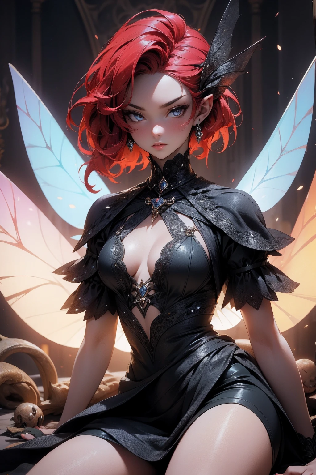 (Absurd, high quality, ultra -compared, careful with the hand) fairy, fairy wings, dreamer body, vivid, romantic and all. Optimistic face, just lies, without entry and intellectual. Reckless style, cold heart, impatient and too confident. Gray eyes, ripe and dark (eyes of the eyes), enchanted fairy (pixie) . Short hair, red hair. In the carnival row illustration, sitting on thr ground