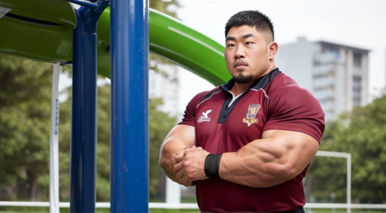 (rugby uniform:1.4), (at playground:1.4), Japanese man, Chinese man, Korean man, Taiwanese man, manly face, fat face, (round face:1.4), (monolid eyes:1.2), (buzz cut:1.4), very large and strong body, bulky body, beefy muscles, (bulging muscles:1.4), (very large pectoral muscles:1.4), (muscular arms:1.4), muscular abs, muscular legs, muscular back, brightens oily skin, master piece, (realistic:1.4), panorama, distant view