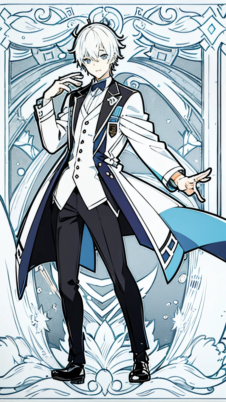 anime style, a man ikemen very handsome, with blue eyes and short hair parted in the middle white mixed with black, his aura is charismatic