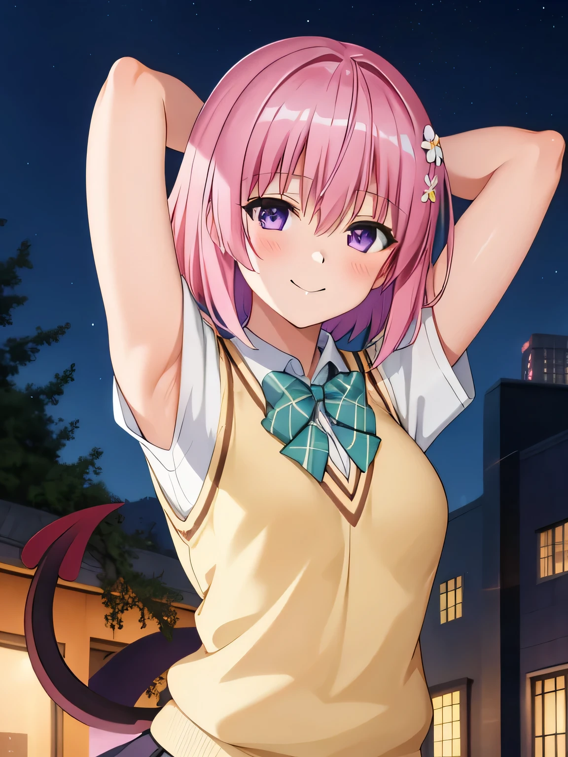 (masterpiece, best quality:1.2),illustration,8k,hd,city,1girl,solo,upper body,(portrait:1.2),seductive smile,shy,blush,short_hair,skirt,hair_ornament,thighhighs,twintails,school_uniform,purple_eyes,tail,pink_hair,zettai_ryouiki,demon_tail,sweater_vest, contrapposto, spread armpit, arms behind head, solo, forest, night, smile, upper body,